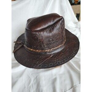Vintage Leather Cowboy Hat Embossed Tooled Hand Stitched Unbranded Llama Sun